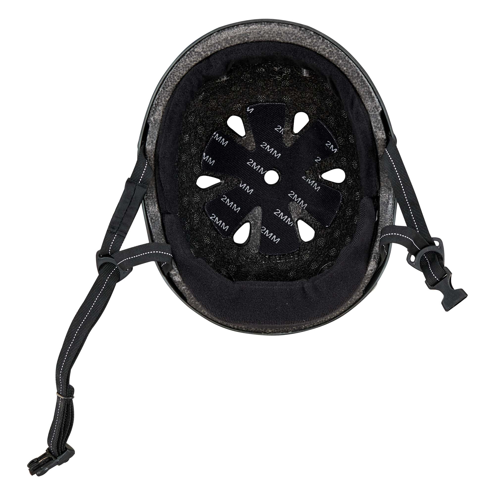 Top view of a Protec S&M Low Pro Certified Helmet in Signature Matte Black, displaying inner padding, ventilation holes, adjustable straps, and secure buckle. This helmet features a high-impact ABS shell for superior protection.
