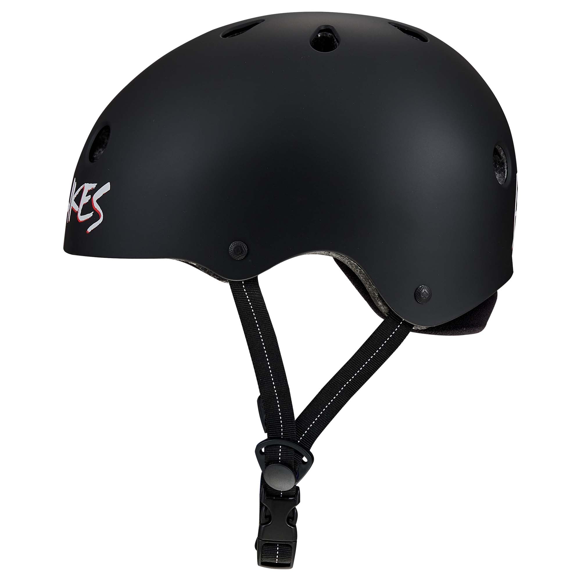Protec S&M Low Pro Certified Helmet in matte black, featuring ventilation holes, an adjustable chin strap with buckle, and shown from the side on a white background. This helmet provides high-impact ABS protection for enhanced safety and durability.