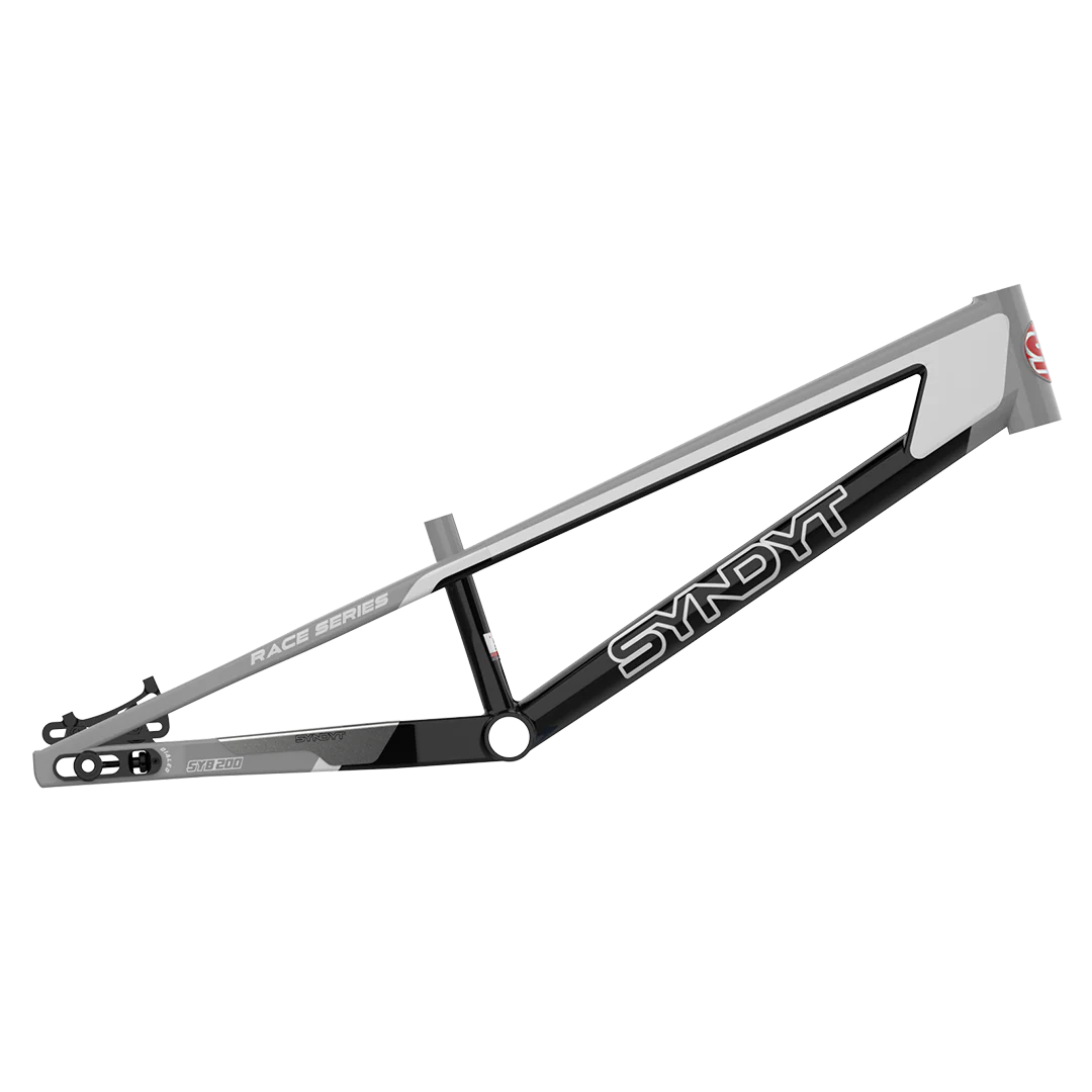 The Syndyt 200 Expert XL Frame, a black and gray SYNDYT 6061 alloy BMX frame with "RACE SERIES" and "SYNDYT" branding, is ideal for BMX racing and shown on a white background.