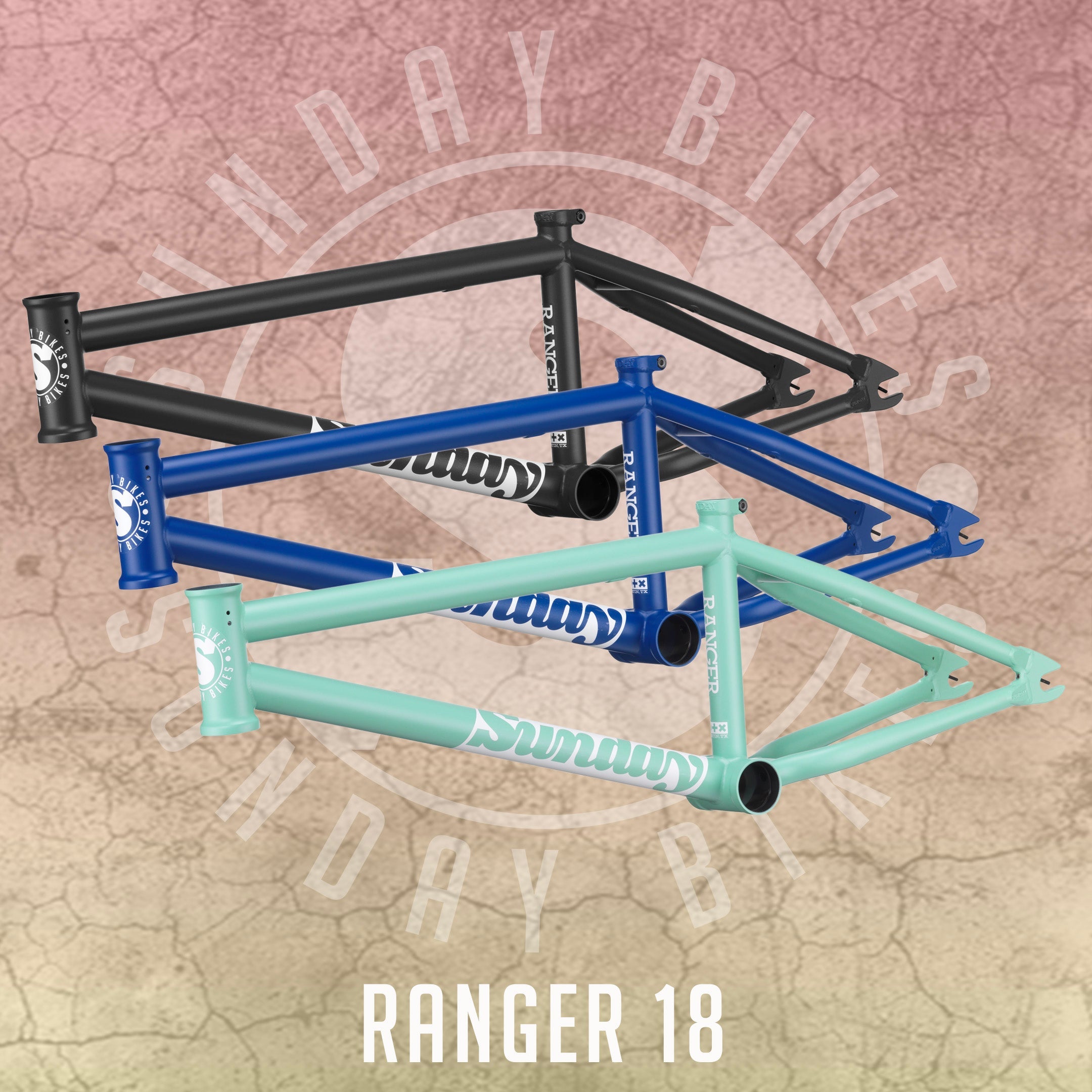 Three Sunday Ranger 18 Inch Frames in black, blue, and teal are shown on a cracked gradient background with the Sunday Bikes logo and bold "Ranger 18" text.