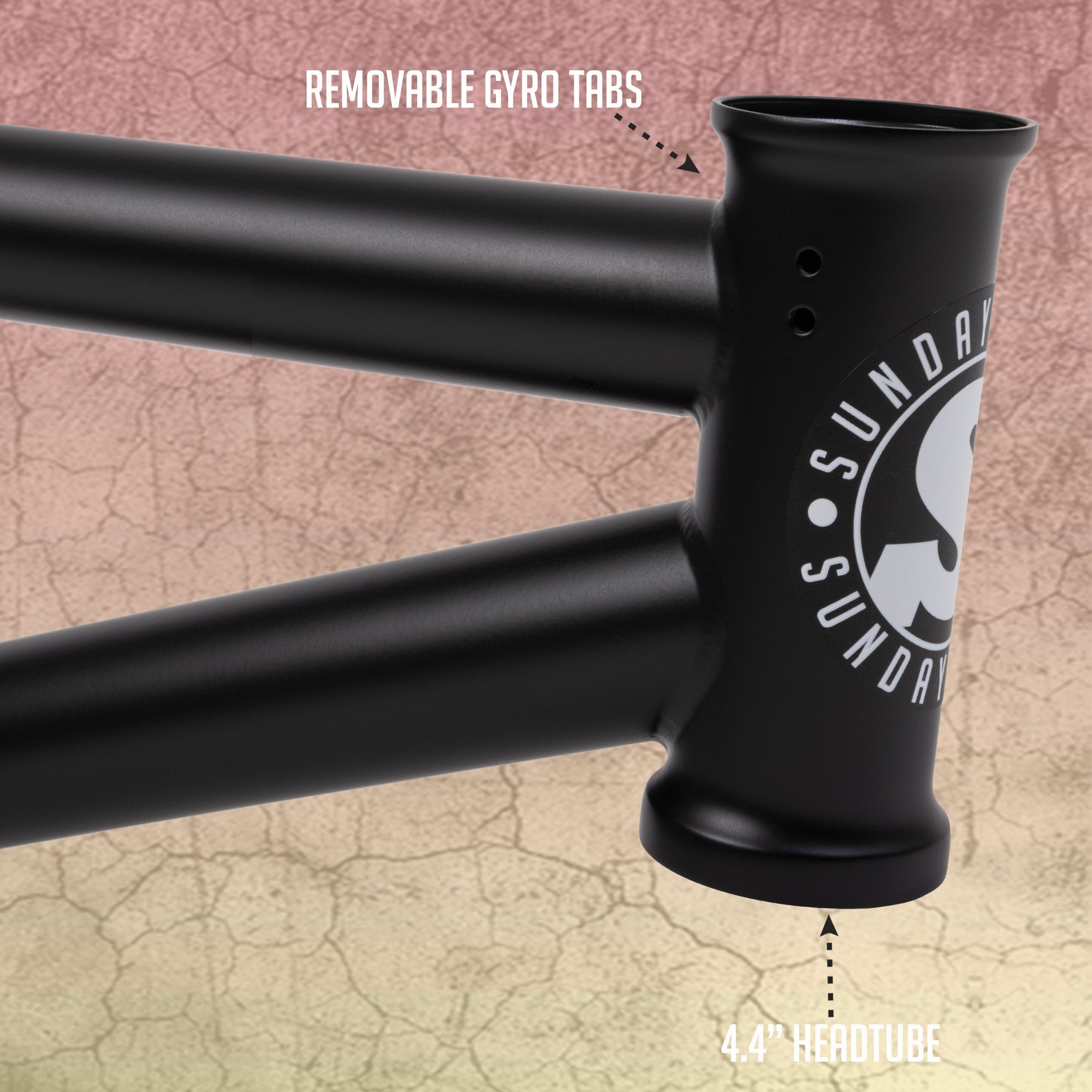 Close-up of the Sunday Ranger 18 Inch Frame in black, showing removable gyro tabs, a 4.4" headtube, pro-level geometry, and the Sunday logo.