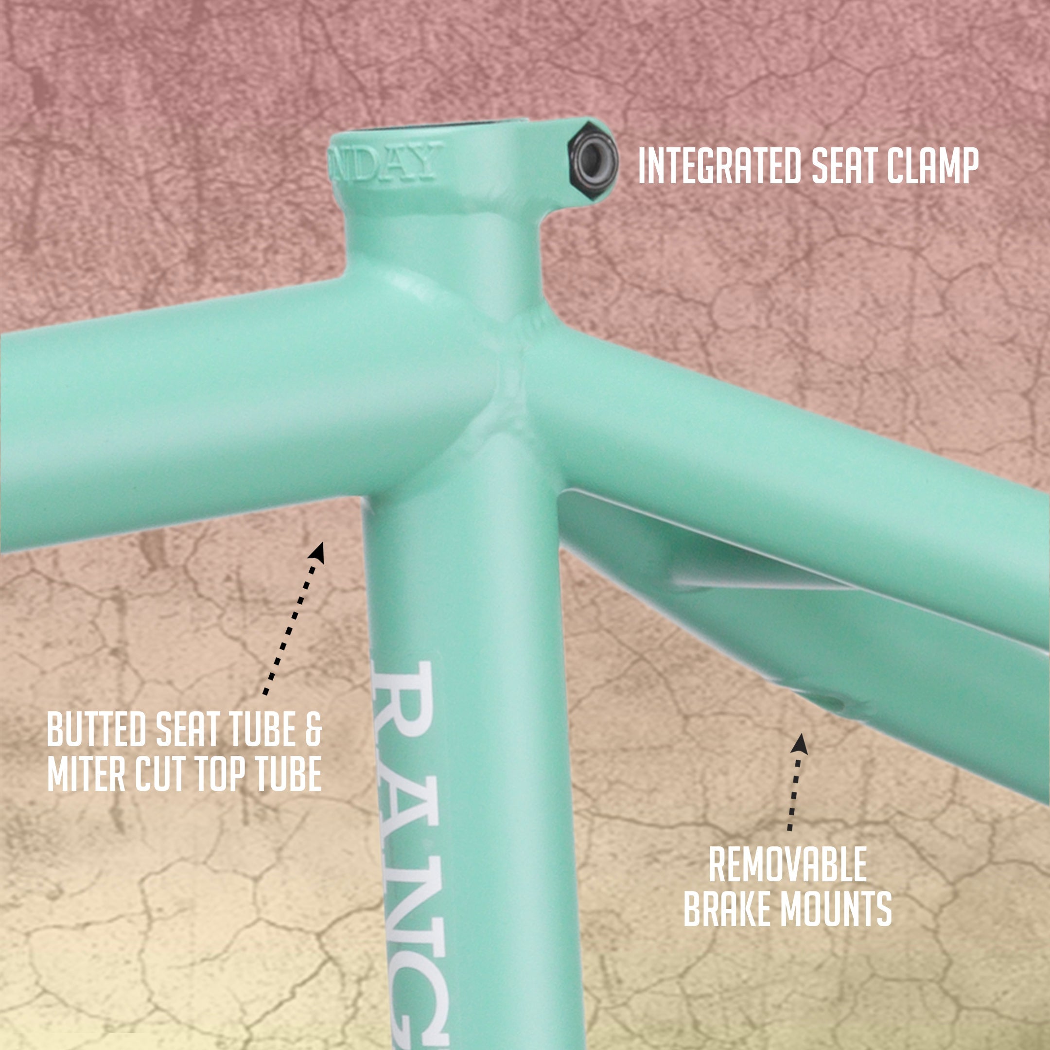 Close-up of the Sunday Ranger 18 Inch Frame in mint green, featuring an integrated seat clamp, butted chromoly seat tube with miter cut top tube, and removable brake mounts for pro-level geometry.
