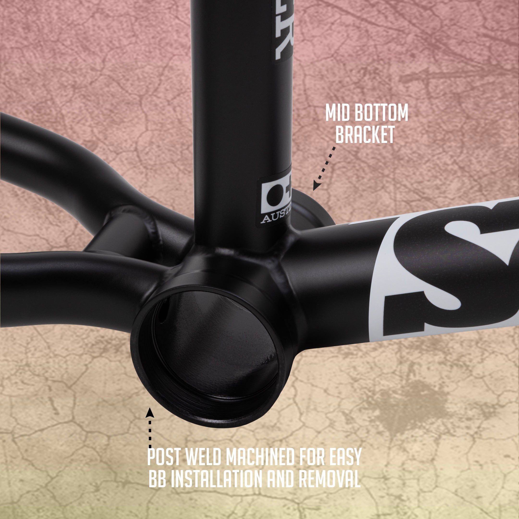 Close-up of the Sunday Ranger 18 Inch Frame’s bottom bracket area, showing labeled post-weld machining for easier bottom bracket installation and removal.