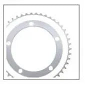A partial view of a 5 Bolt 130 BCD Chainring with 44 teeth and evenly spaced holes, shown against a plain white background—ideal for single speed setups.