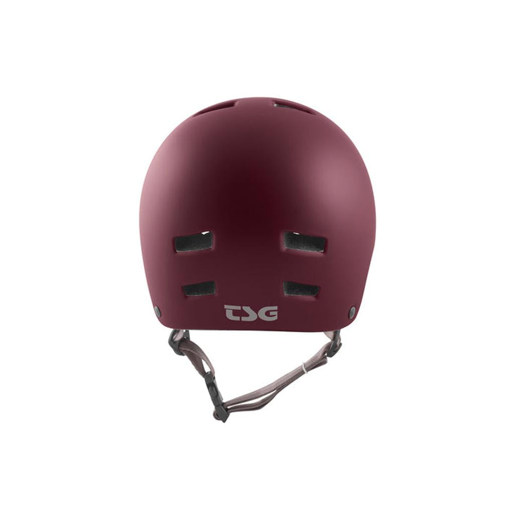 The TSG Nipper Maxi Helmet in Satin Cabernet is shown from the back, featuring four rectangular vents and an adjustable chin strap.