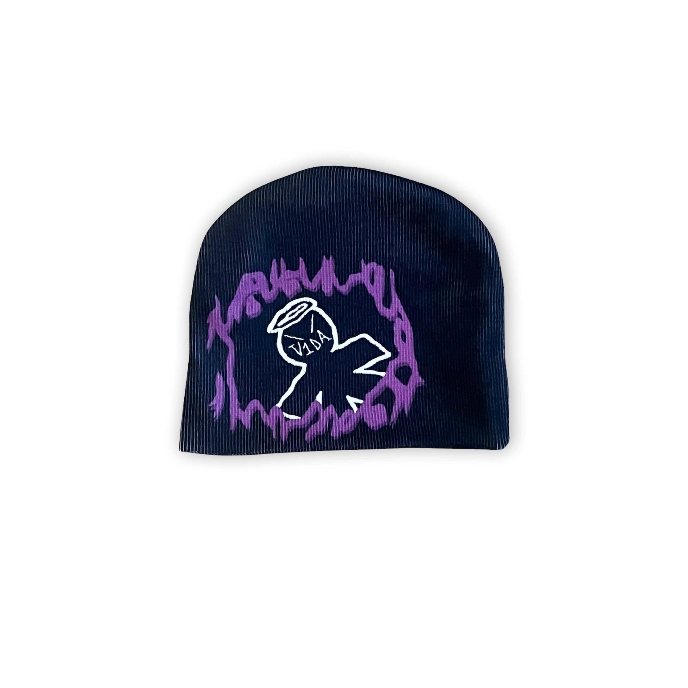 The V1DA Reversible Beanie is a black acrylic hat with a sublimated print: a white outlined figure with a halo, framed by a jagged purple border. Explore more at v1da.co.