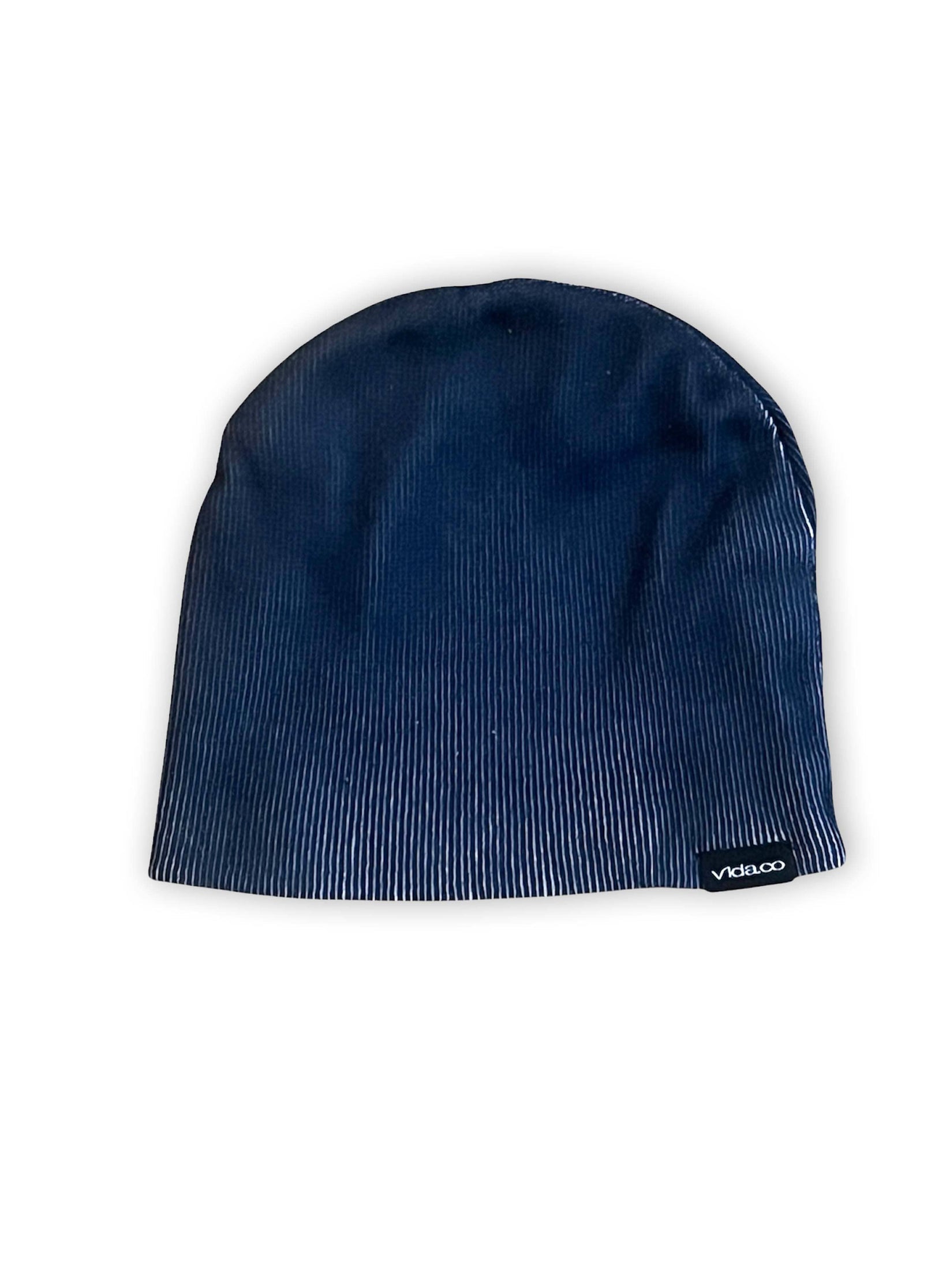 The V1DA Reversible Beanie is a navy blue acrylic hat with subtle vertical stripes and a small black Viclooo tag, available at v1da.co.