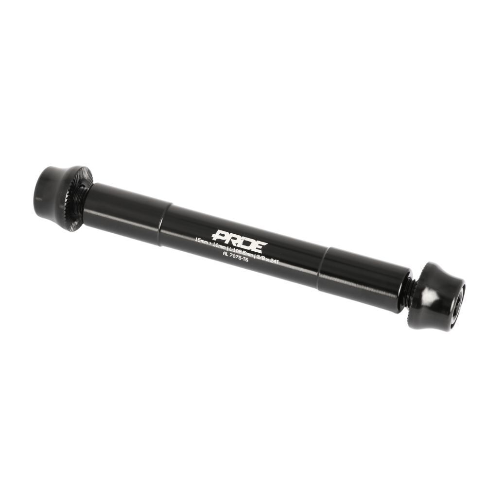The Pride Adapter Kit - 15mm to 10mm Axle is a black anodized 7075-T6 aluminium thru-axle with threaded ends and white printed specs, designed for the Inspyre Concorde V3 2025, shown on a white background.