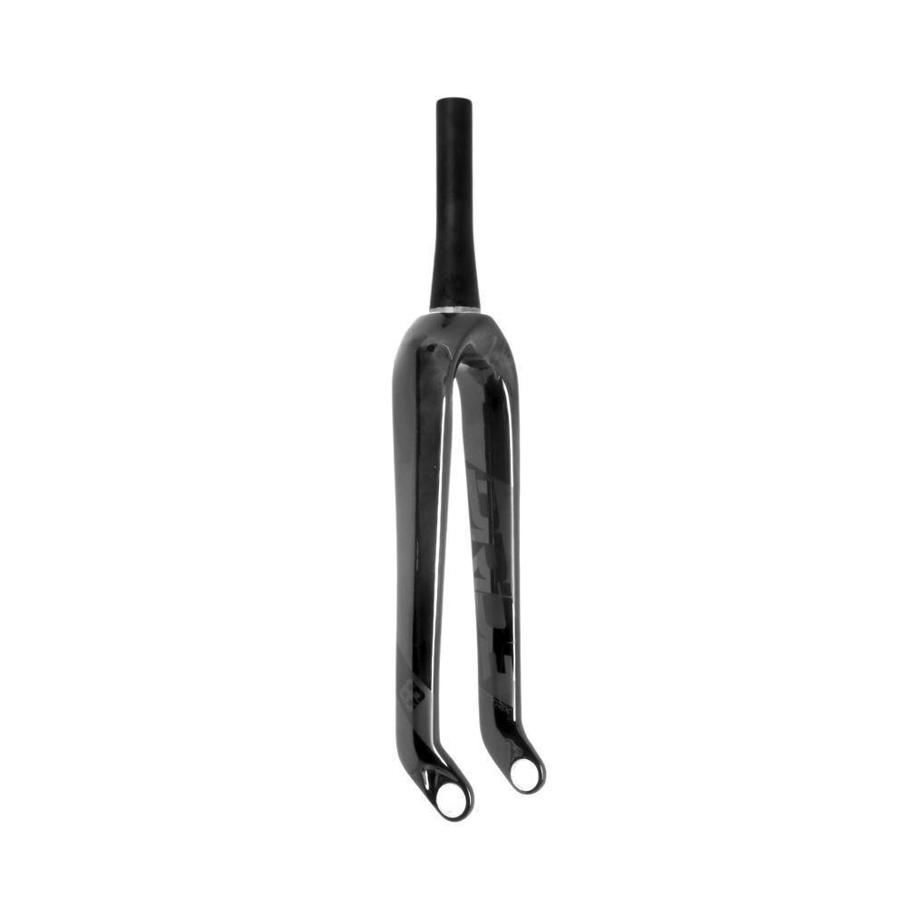 The Pride Matrix 24 Inch Tapered Fork, made from Torray carbon with a black finish, features a tapered steerer tube and two dropouts, displayed against a white background.