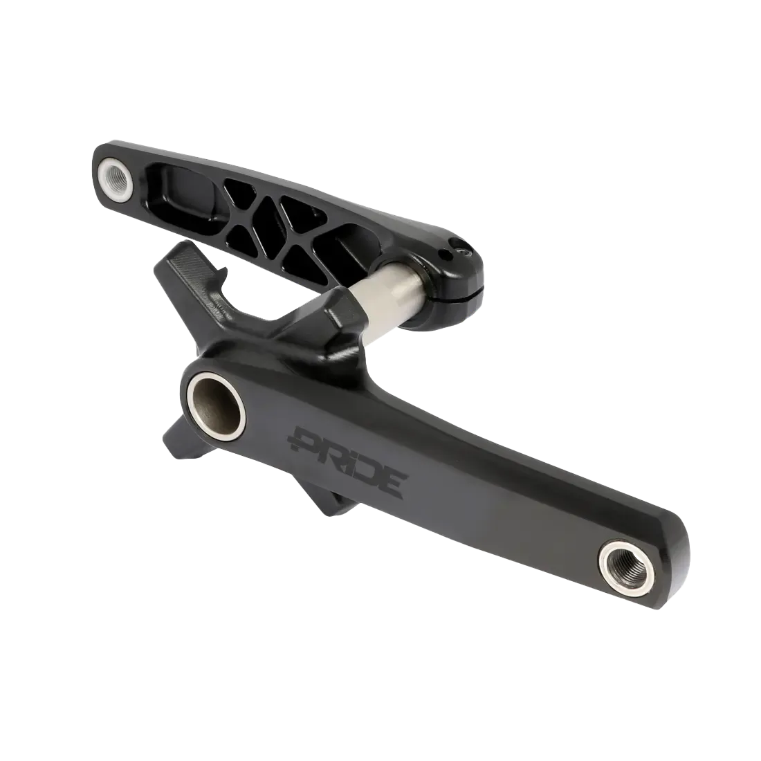 The Pride Newton SX PRO Crankset is a black anodized BMX race crank arm with “PRIDE” branding, precision-machined for strength using advanced analysis—perfect for BMX racing and shown isolated on a white background.