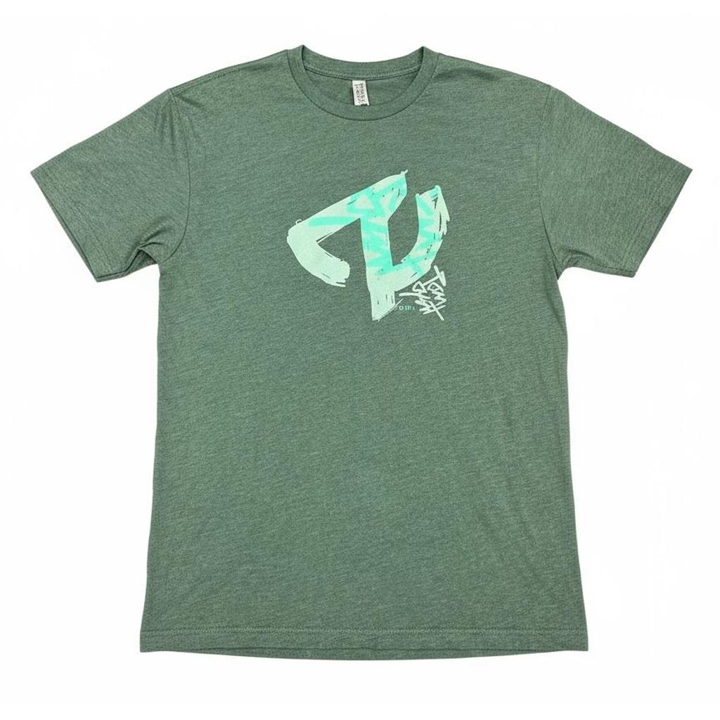 The Tangent T-Shirt from Sweet Tees is a green short-sleeve tee with a light green abstract Tangent design and small text on the upper left front, shown laid flat on a white background.