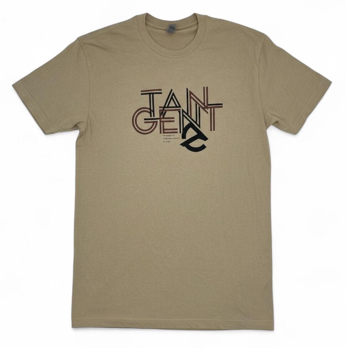 The Tangent T-Shirt from Sweet Tees is a khaki top with "Tangent" printed in bold, overlapping letters across the chest.