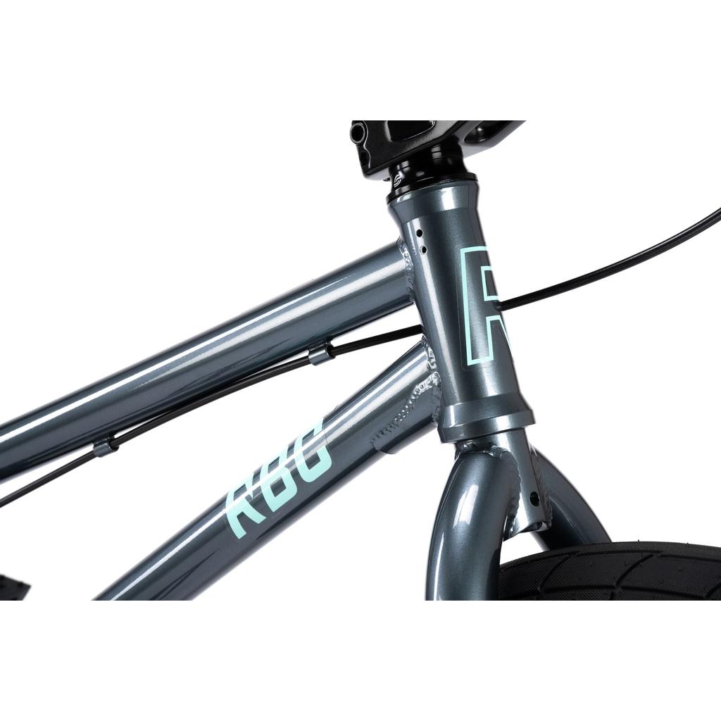 Close-up of the metallic gray Radio Saiko 20 Inch Bike frame, showing the front fork, head tube, cable routing, and part of the front tire with Salt Tracer Tyres.