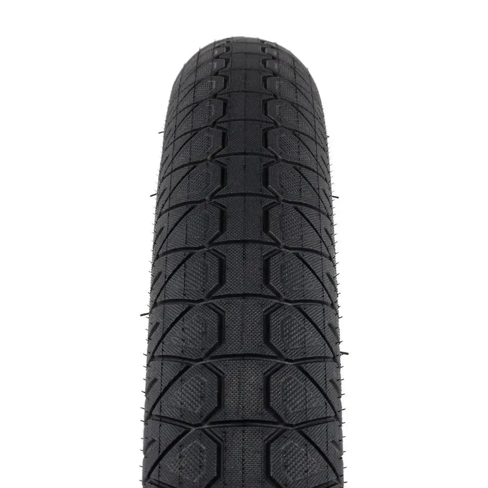 Close-up of the Subrosa Designer Tyre in black, featuring a detailed tread pattern, photographed from the front on a white background—ideal for BMX street tyre fans.