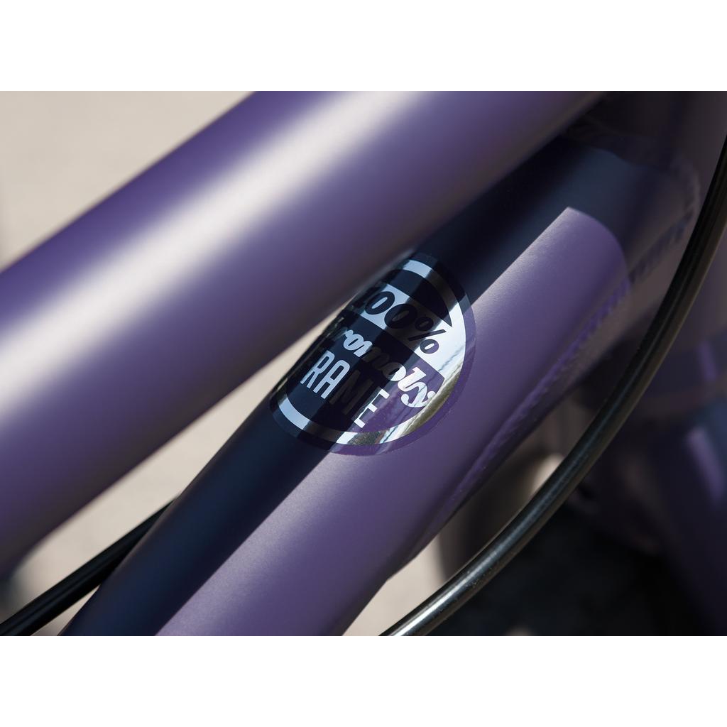 Close-up of the Sunday Forecaster Maca Grasset 20 Inch Bike's matte purple frame featuring a black and white "100% made in FRANCE" sticker.