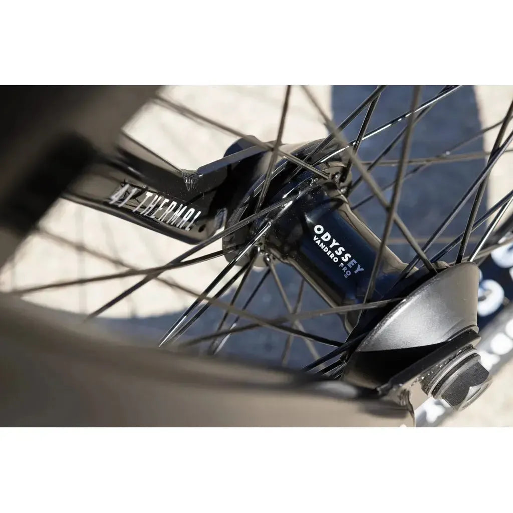 Close-up of the Sunday Soundwave Special Bike (2025) showing a wheel hub, black spokes, and frame with "41 Thermal" label—built with Odyssey parts and backed by the 41-Thermal Lifetime Warranty.