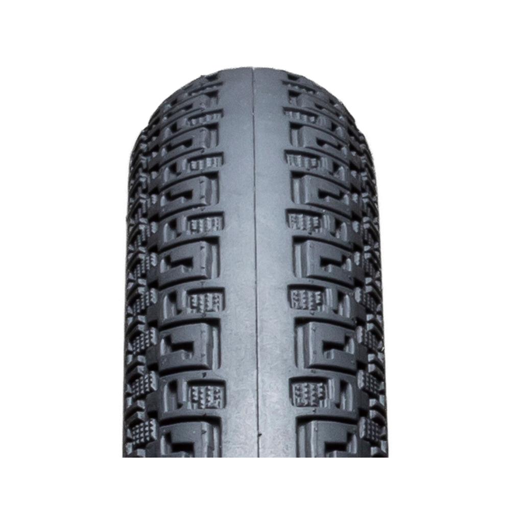 Close-up of the IRC Siren Comp Rise Cruiser 24 Inch Tyre, featuring a detailed tread pattern with rectangular and L-shaped knobs for enhanced grip. This model offers foldable tyres for added convenience without compromising performance.