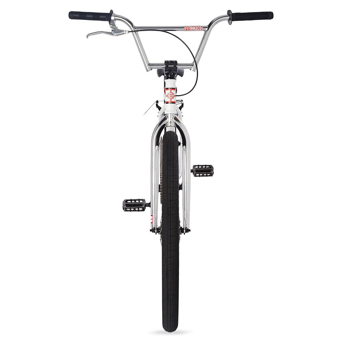 Front view of a white Fit CR29 Inch Bike (2023) BMX cruiser with black handlebars, pedals, and tires, photographed against a white background.