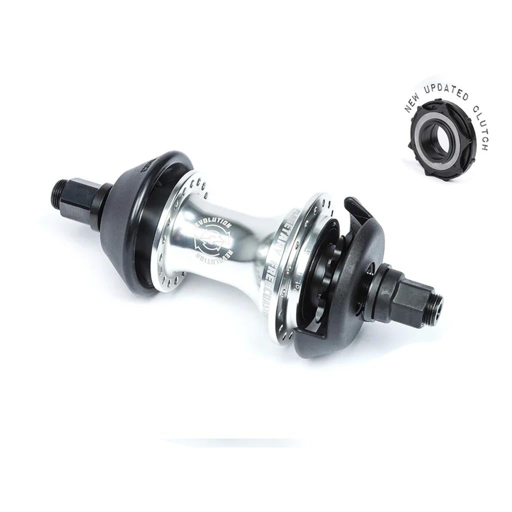 The BSD Revolution V1.5 Freecoaster Hub (Male Axle) is displayed with axle, bolts, and black disc parts; an inset spotlights its updated planetary clutch mechanism.