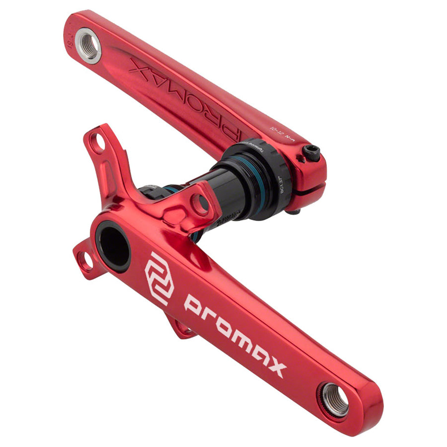 A lightweight red Promax CF-2 Crankset handlebar with the word promaxx on it, combining stiffness and durability.