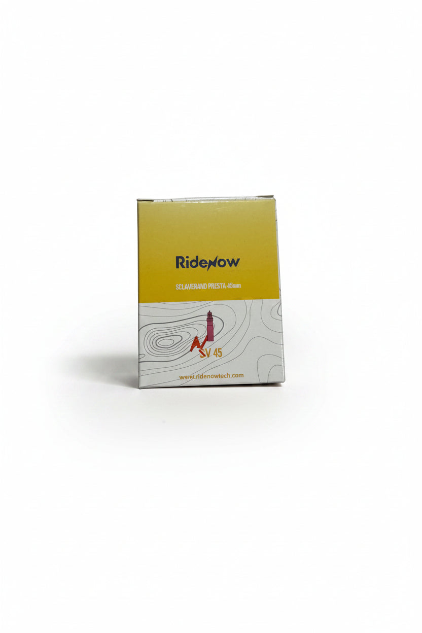 A box of RideNow TPU 24 Inch inner tubes with a Schrader (car) valve, featuring a yellow and white design and website link at the bottom.