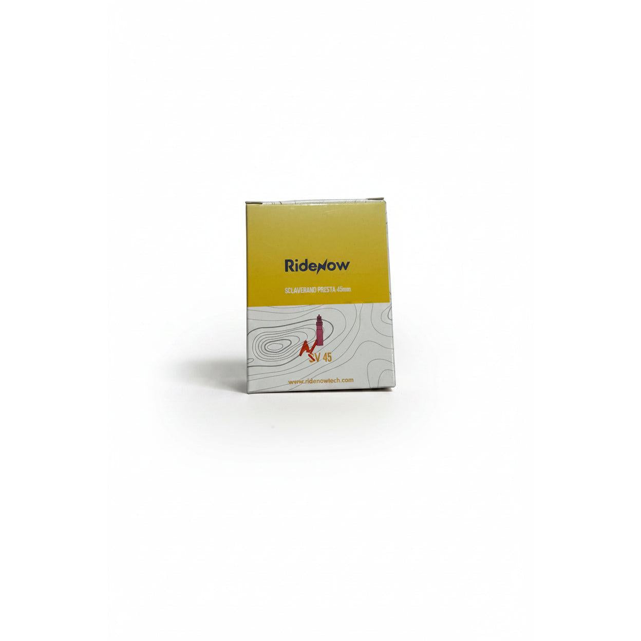 A box of RideNow TPU 24 Inch inner tubes with a Schrader (car) valve, featuring a yellow and white design and website link at the bottom.