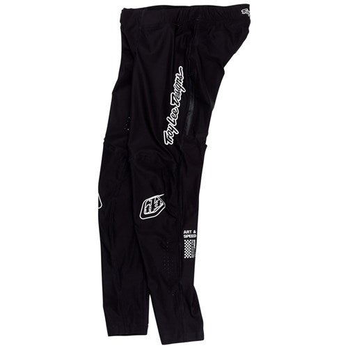The TLD 26.1 Sprint Ultra Pant / Mono Black features white logos and "Troy Lee Designs" text, crafted from Bluesign-approved fabric for a sustainable ride, shown on a plain white background.