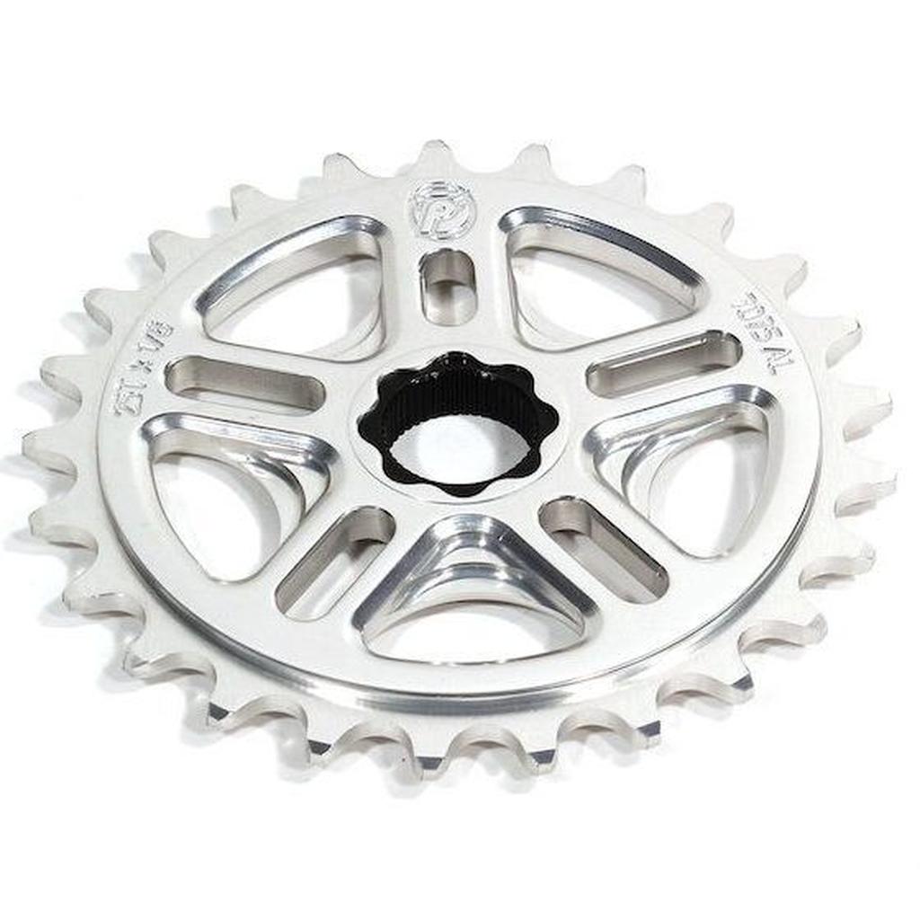 A Profile 19mm Spline Drive Sprocket, silver 7075 aluminum with 25 teeth and cutout spokes, is shown from above on a white background.
