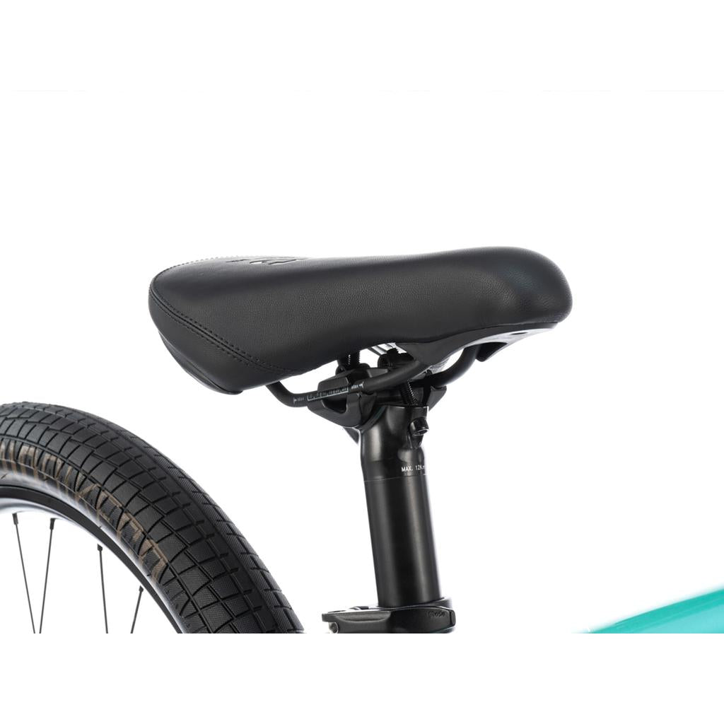 Close-up of the Radio Fiend 26 Inch Bike's black seat, seat post, and rear tire, showcasing its durable 6061-T6 alloy frame against a white background—ideal for dirt jump riders.