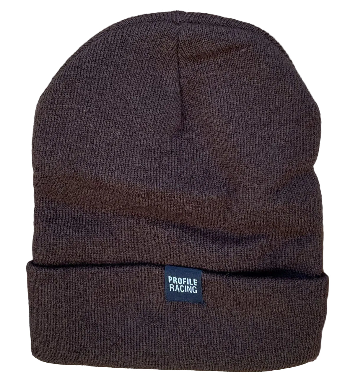 The Profile Woven Label Beanie is a brown knit hat with a folded brim and a small "Profile Racing" woven label, union made in the USA and shown on a rustic wooden background.