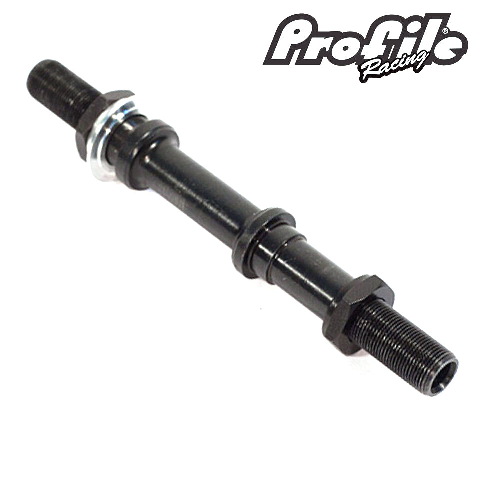 A black Profile Mini 14mm GDH Cromo Axle Conversion Kit with threaded ends and nuts, designed for use in BMX bikes.