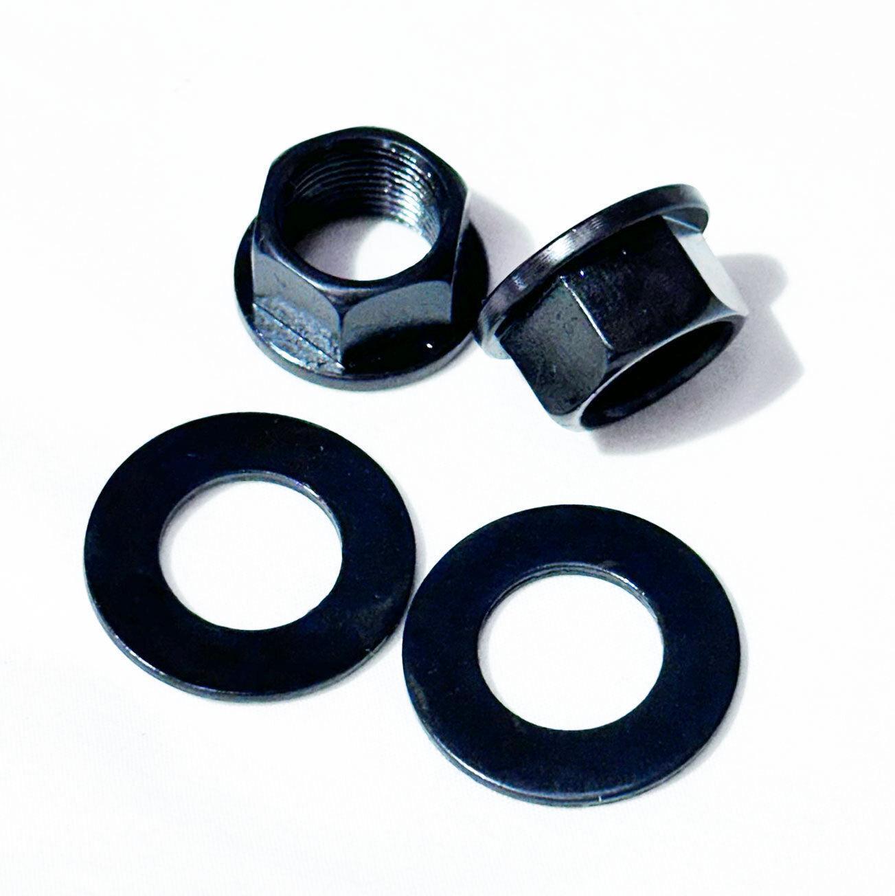 A Profile 14mm Cro-Mo Axle Nut & Washer set (2 x Nuts, 2 x Washers) is arranged on a white surface.