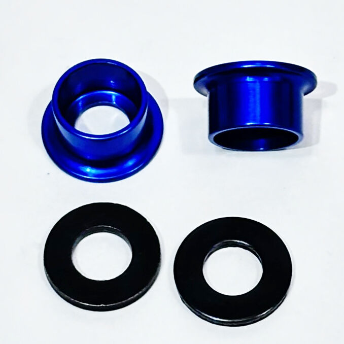 Two blue Profile Alloy Hub Top Hat with Steel Washer (Pair) and two black sets are arranged on a white background, showcasing stylish bike accessories for any setup.