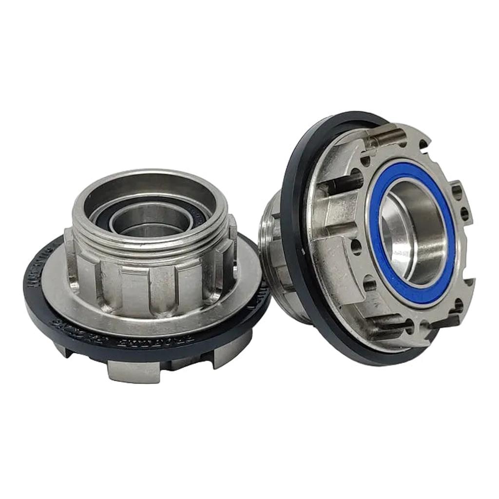Two hub assemblies equipped with blue-sealed bearings and the Profile AC-2 Cassette Driver, featuring a precision 6-pawl mechanism, are displayed side by side on a white background—perfect components for upgrading your BMX cassette hub.