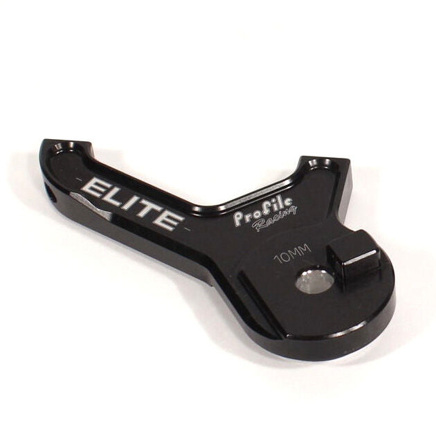 Black metal Profile Elite Disc Brake Adaptor Plate, labeled "ELITE" and "Profile Racing," features a 10mm marking and fitting hole, designed for use with the Profile Elite Disc Hub adapter.