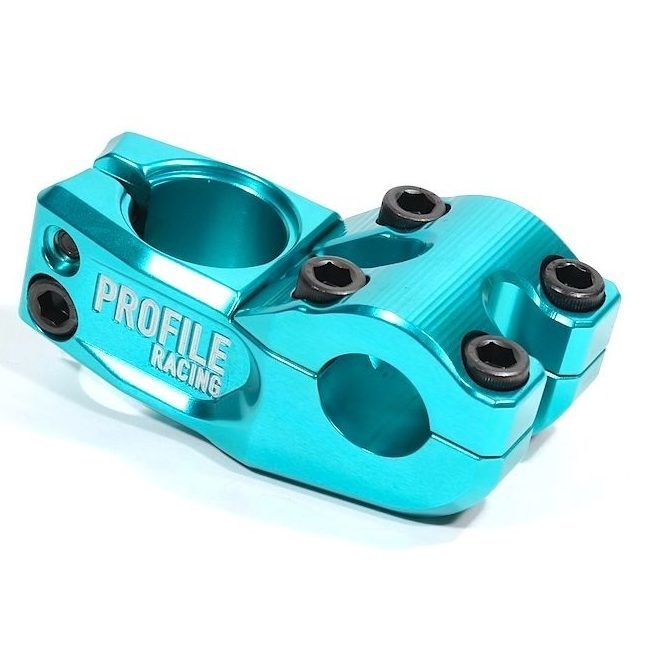 A turquoise Profile Push Stem by Profile Racing, featuring a clamping design with six black bolts, displayed on a white background.