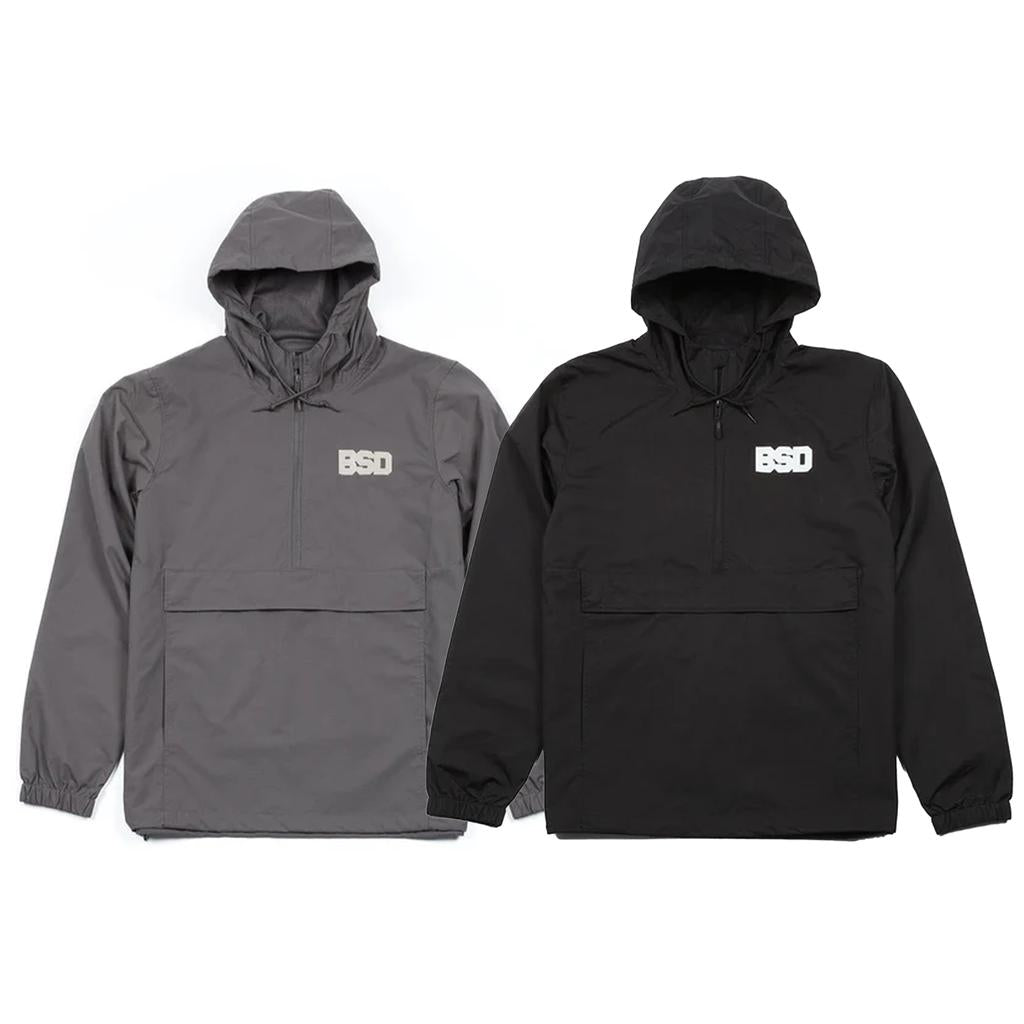 Two BSD Athletic 91 Windbreaker Jackets—one gray, one black—feature a front pocket, small "BSD" logo on the left chest, and classic style in a comfortable, nylon water-resistant design.