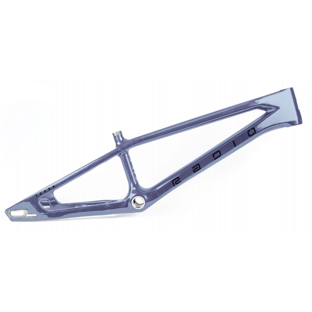 A metallic blue Radio Raceline Terra Carbon Pro XXL Frame with "RADIO" on the side, featuring a minimalist, angular design and built to accommodate a disc brake system.
