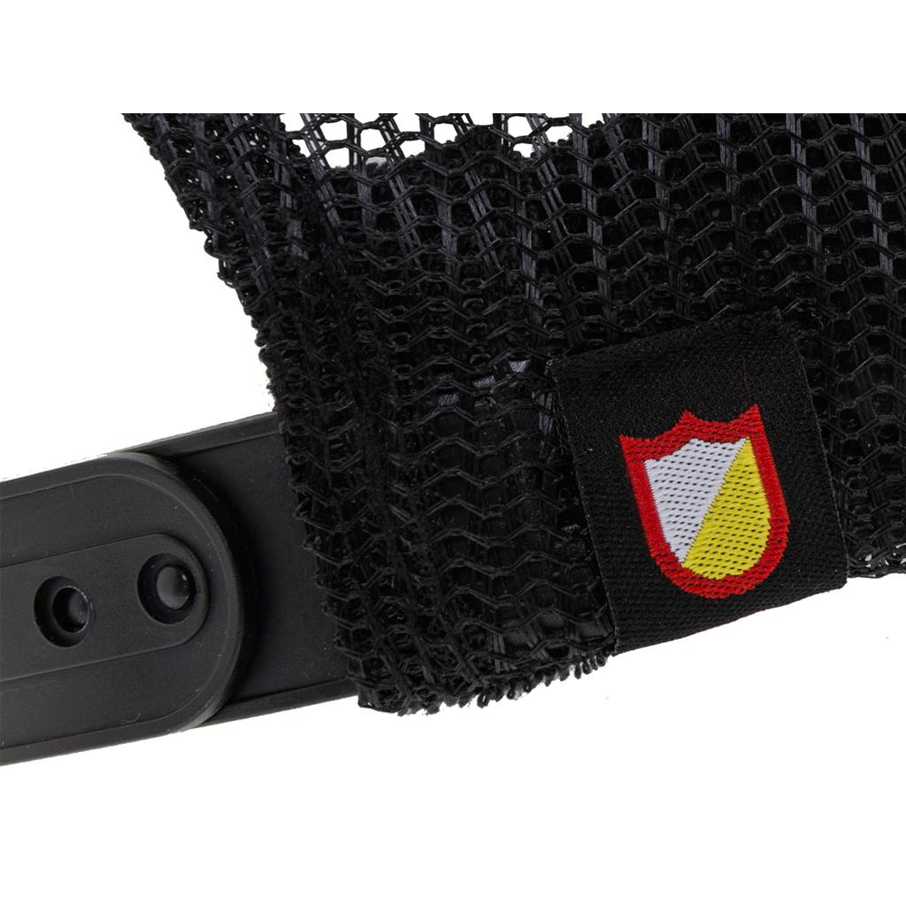 Close-up of the S & M Scratch Tall Trucker Cap’s black mesh strap secured by a plastic piece with two screws, featuring a fabric patch displaying a red, yellow, and white shield—classic details found on this trucker hat with its signature mesh back.