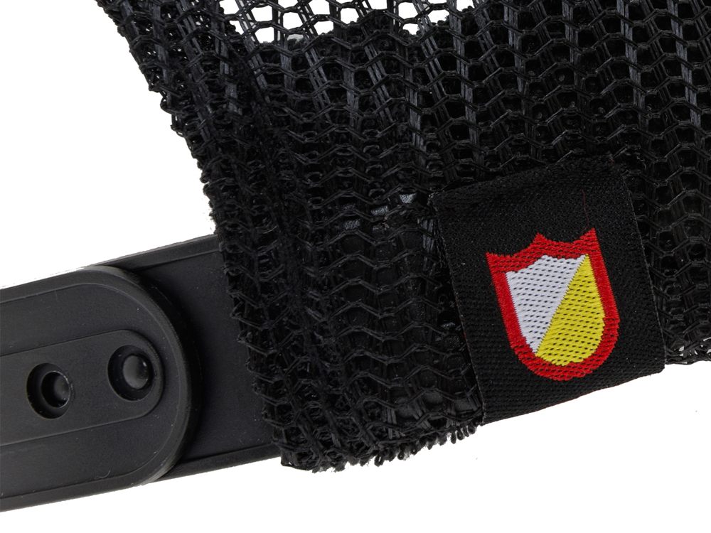 Close-up of the S & M Scratch Tall Trucker Cap’s black mesh strap secured by a plastic piece with two screws, featuring a fabric patch displaying a red, yellow, and white shield—classic details found on this trucker hat with its signature mesh back.