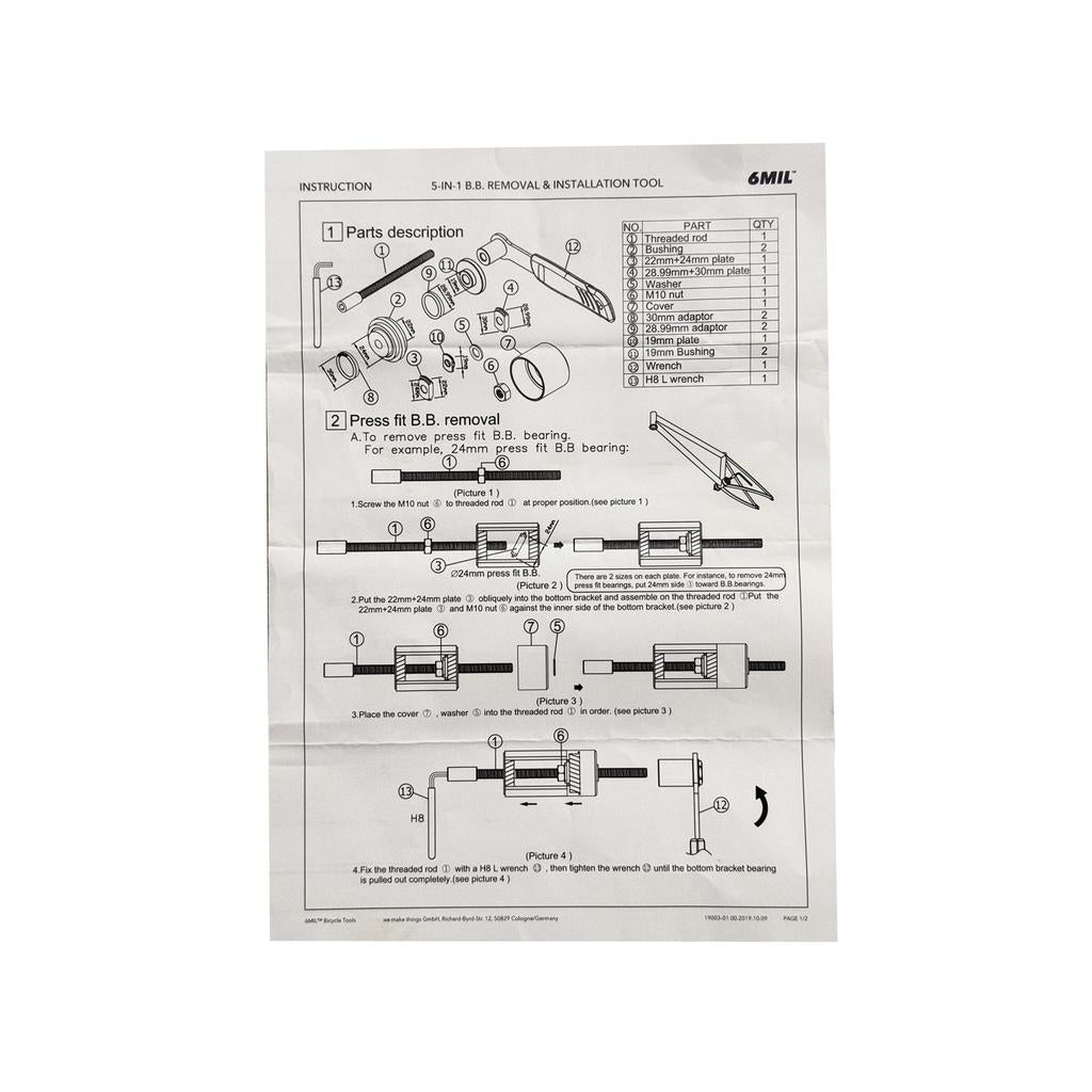 Instruction sheet for the 6MIL BT-01 BB Installation/Removal Tool includes parts list and illustrated steps for easy, precise bottom bracket removal. Perfect as a press-fit BB tool for streamlined bike maintenance.