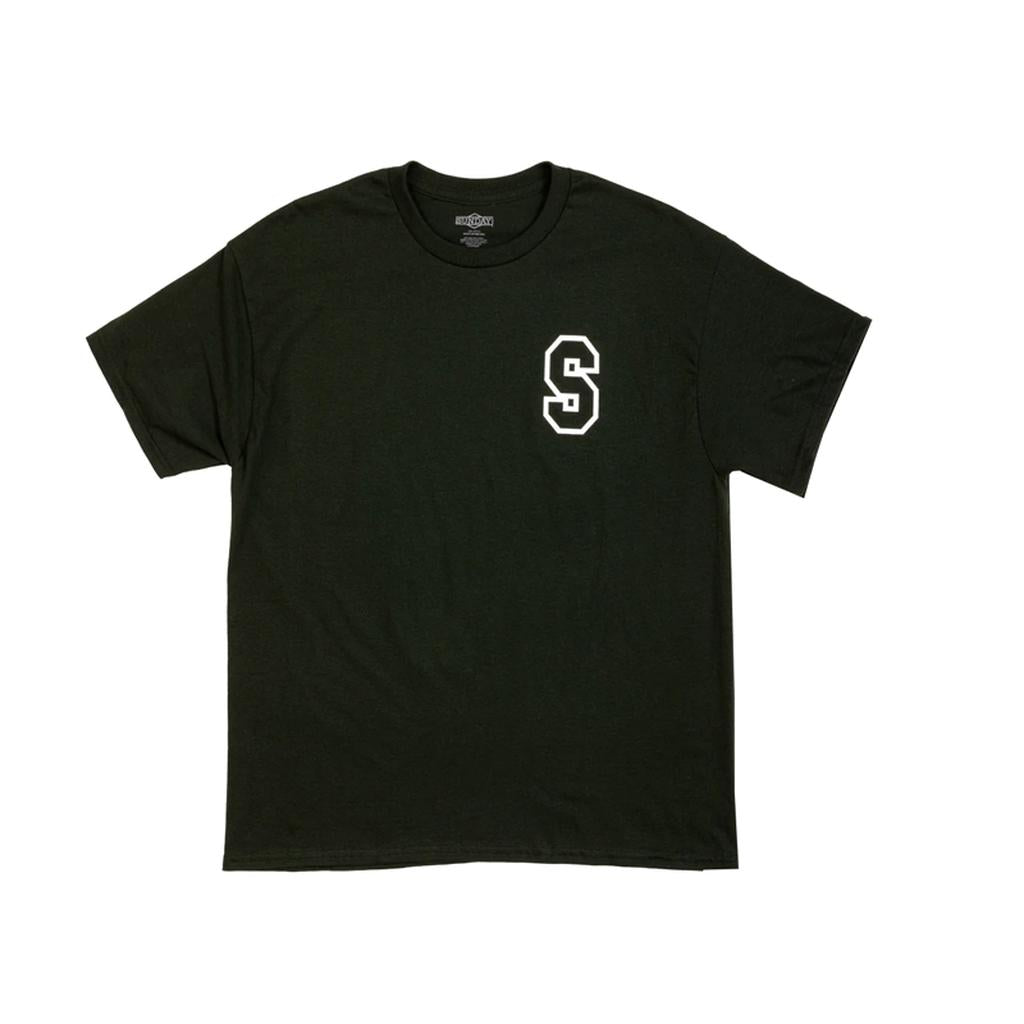 The Sunday Blockhead T-Shirt is a black short-sleeve tee featuring a white "S" outlined in black on the left chest—ideal for Sunday lounging or stylish outings. A must-have for fans of standout tees.