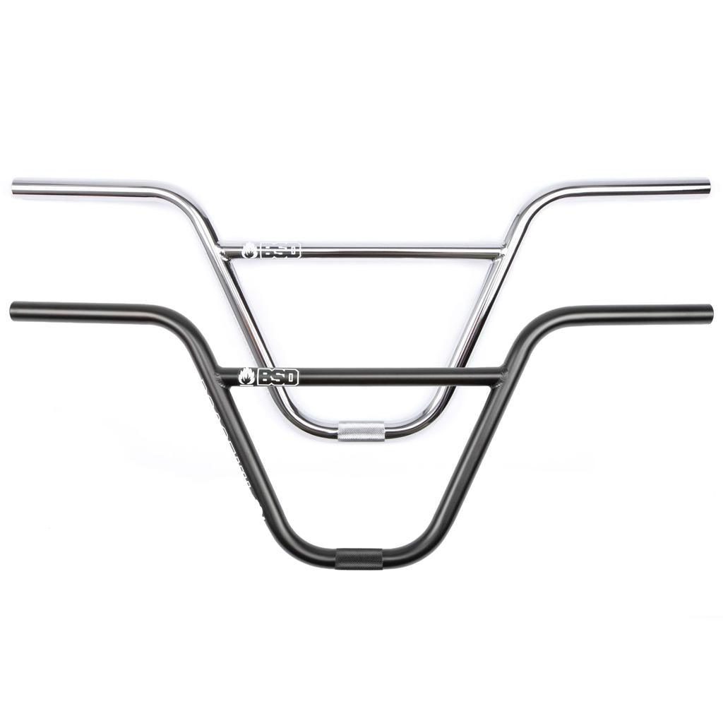 Two BSD Roastin Bars (Tam Roulston) BMX handlebars—one in chrome and one in black chromoly—are displayed overlapping against a white background.