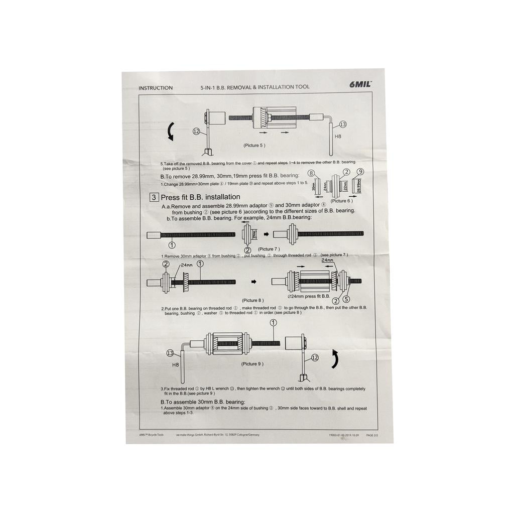 Instruction sheet for the 6MIL BT-01 BB Installation/Removal Tool, featuring labeled diagrams and detailed, step-by-step assembly and usage instructions in black text on white paper.