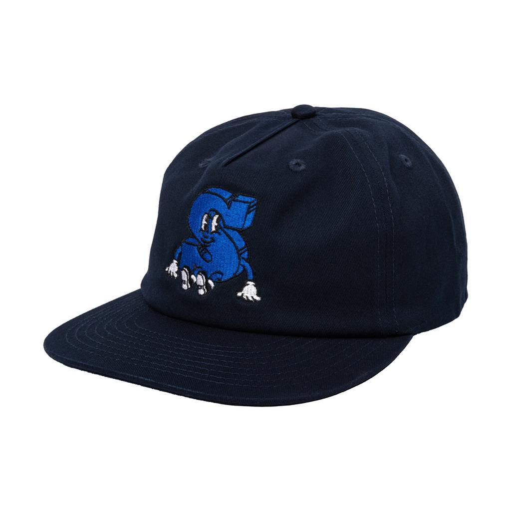 The Sunday S Man Unstructured Cap is a navy blue dome cap with an embroidered blue cartoon "S" character on the front—a fresh cover from Sunday caps.