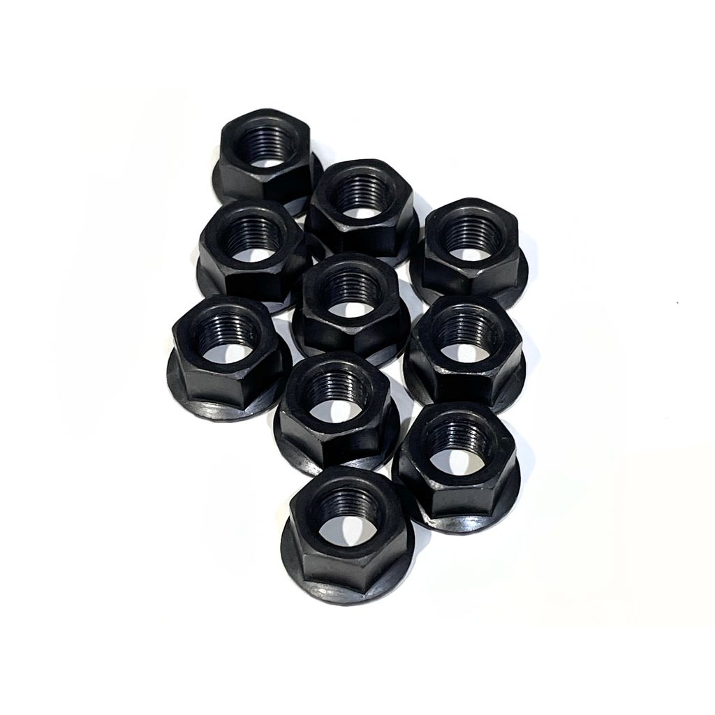 A group of black hexagonal Joytech 3/8 Inch x 26 TPI Axle Nuts (10 Pack) arranged closely on a white background.