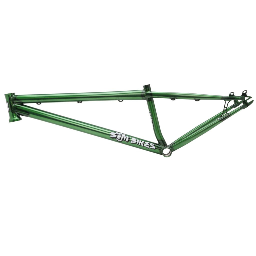 S&M Big Jumper 26 Inch Dirt Jumper Frame in green, features a white "S&M Bikes" logo on the downtube, is compatible with disc brakes, and is designed for 26” bikes. Shown against a white background.