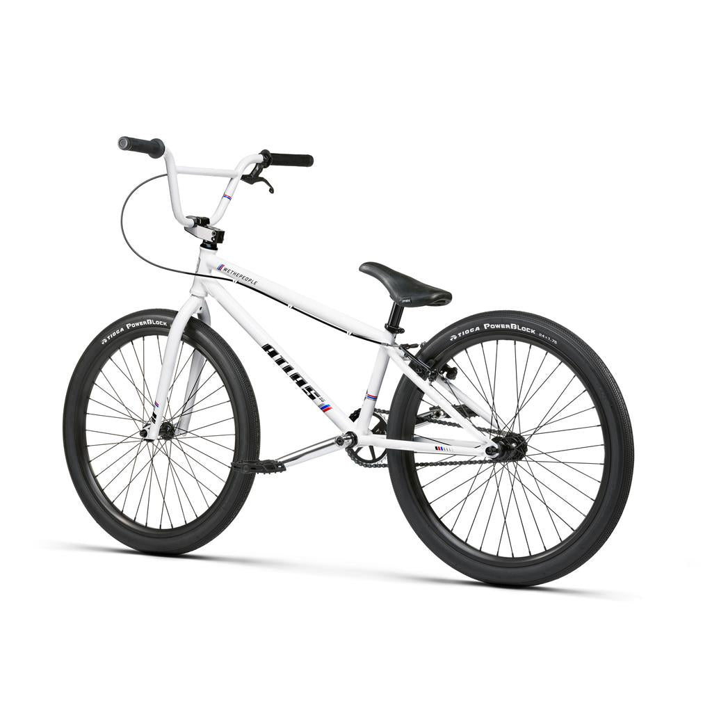 The Wethepeople Atlas 24 Inch Bike, featuring a white frame with black handlebars and seat, is displayed in profile against a plain white background—perfect for pump track riding.