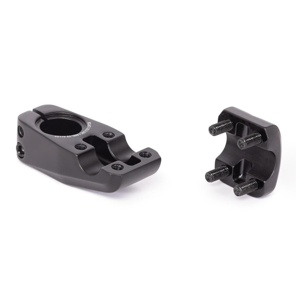 The Eclat Onyx Stem (22.2mm Clamp) in black is shown with its detachable four-bolt faceplate on a white background, featuring Shark Tooth Clamping for superior grip.