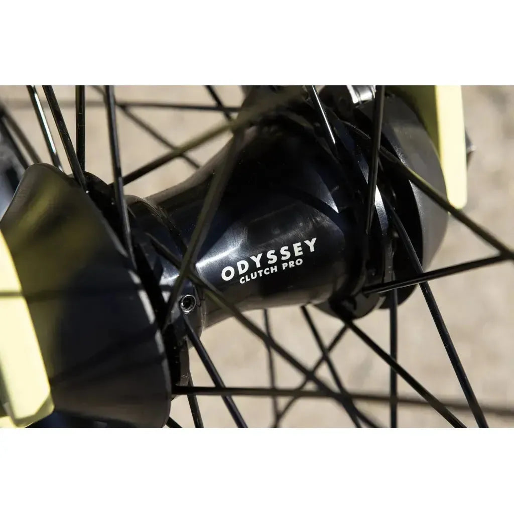 Close-up of the Sunday Soundwave Special Bike (2025) wheel hub, labeled "ODYSSEY CLUTCH PRO" with black spokes and yellow accents—highlighting quality Odyssey parts backed by a 41-Thermal Lifetime Warranty.